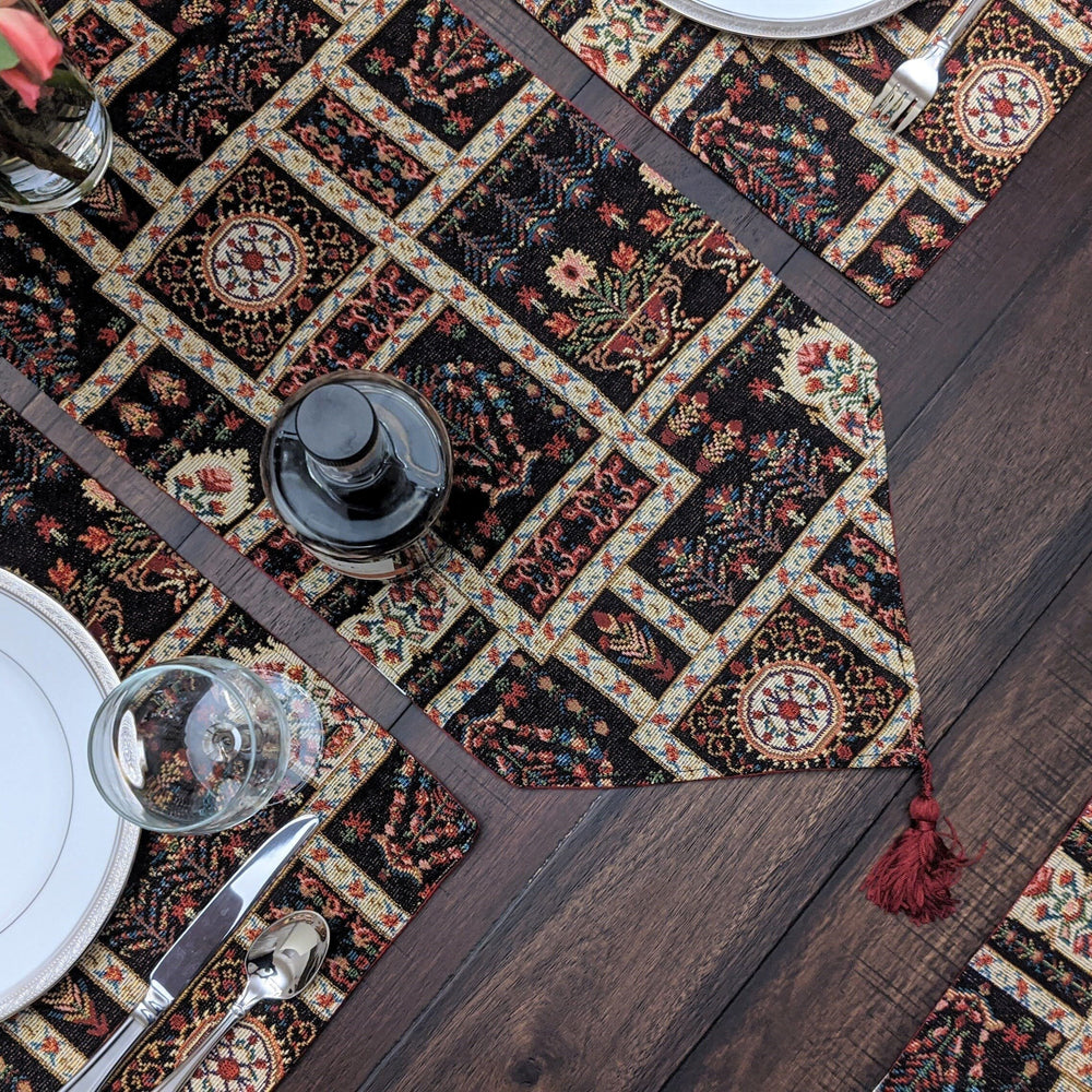 DaDalogy Bedding Elegant Woven Mughal Floral Tapestry Table Runner, Dark Noir Botanical Vintage Fleur (18197)