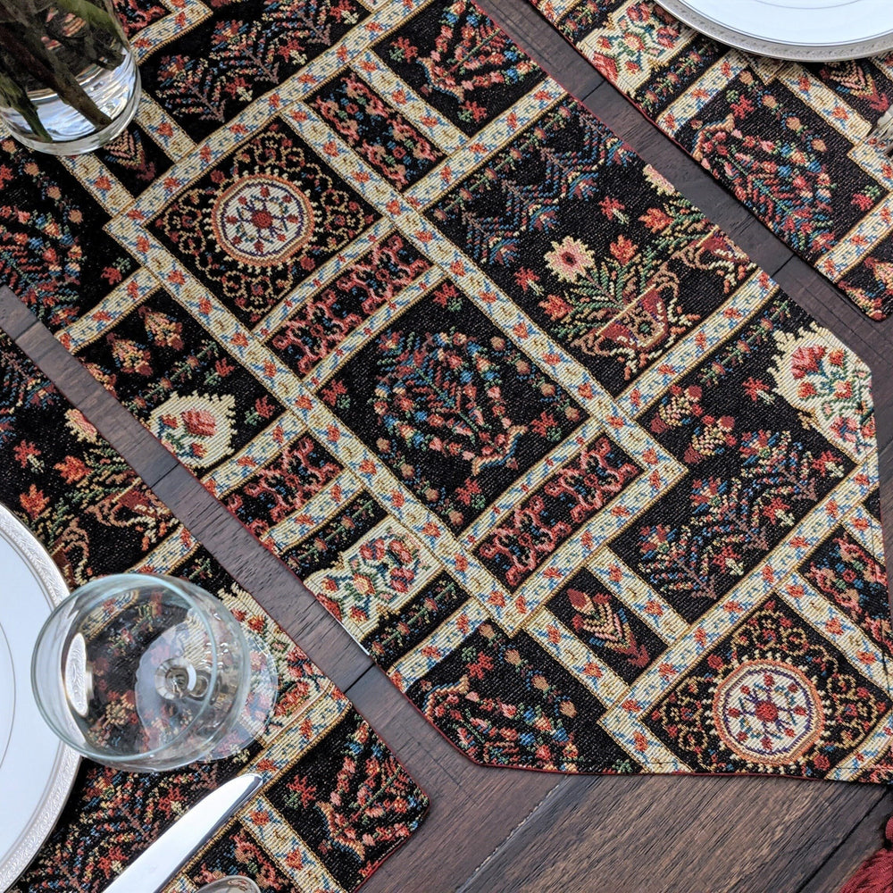 DaDalogy Bedding Elegant Woven Mughal Floral Tapestry Table Runner, Dark Noir Botanical Vintage Fleur (18197)