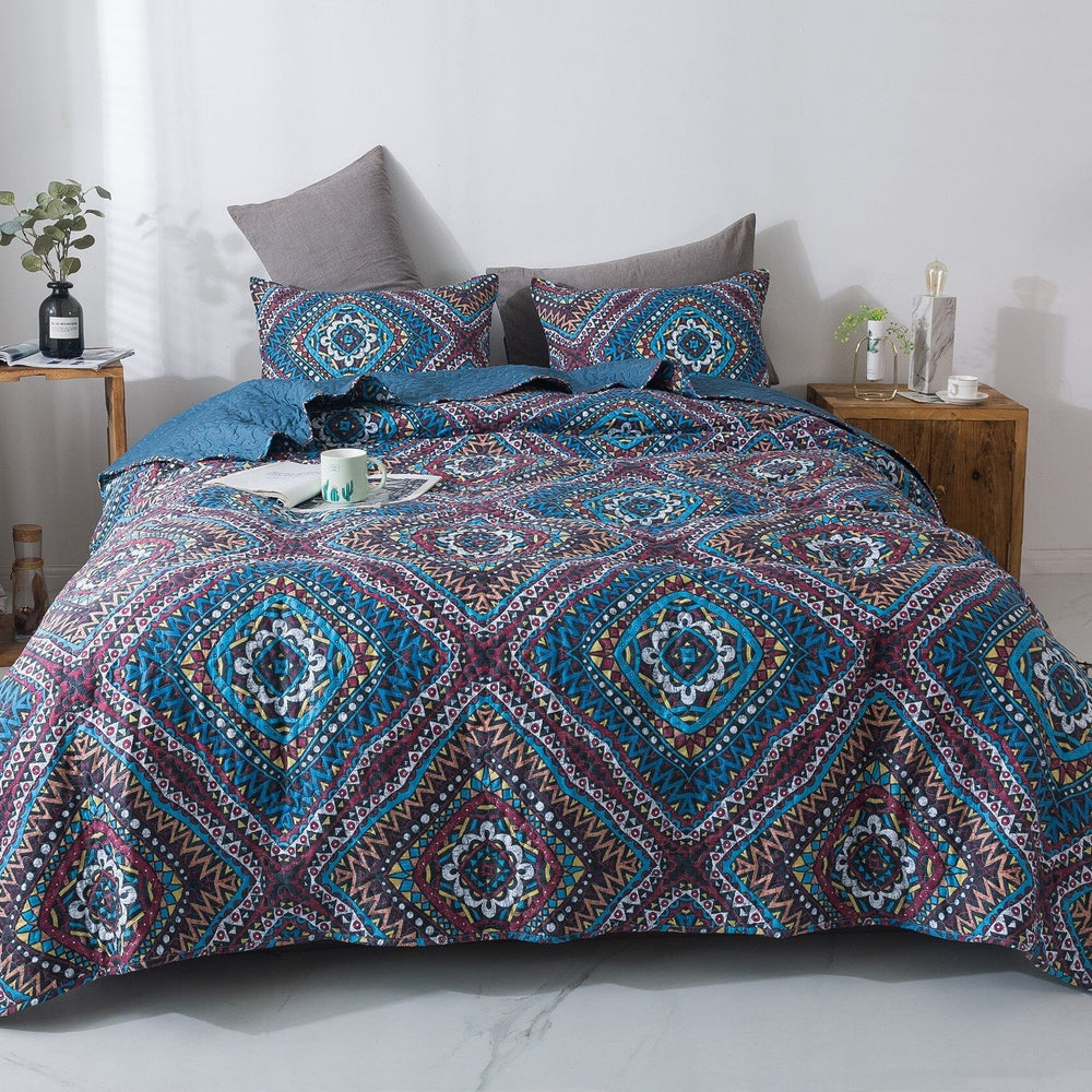 DaDa Bedding Farmhouse Bohemian Native Rustic Navy Blue Geometric Diamond Shapes Bedspread Set (KSX-001)