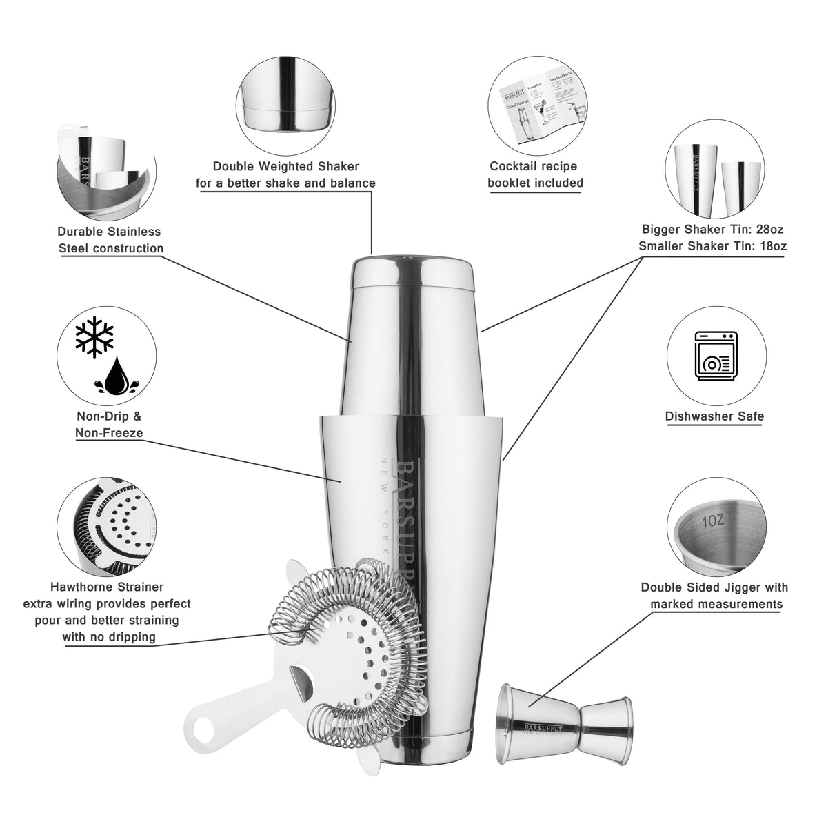 Professional 4-Piece Boston Cocktail Shaker Set