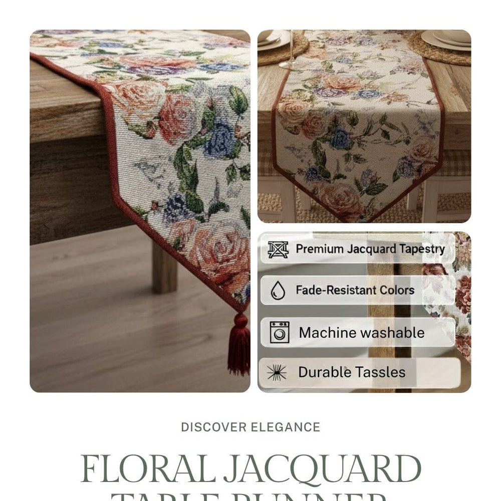 DaDa Bedding Vintage Romantic Roses Lovely Pink Floral Woven Tapestry Dining Table Runner (879)