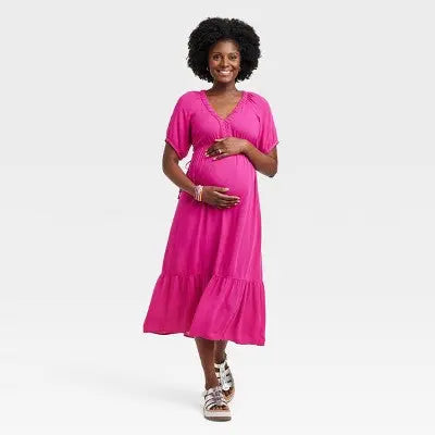 Isabel Maternity Women's Woven Maternity Midi Dress Elbow Sleeve