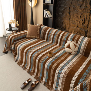 Cozy Decorative Throw Blanket for Couches, Boho Plush Woven Sofa Cover with Stripes
