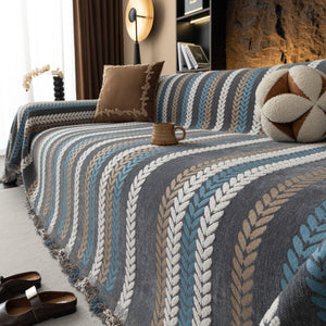 Cozy Decorative Throw Blanket for Couches, Boho Plush Woven Sofa Cover with Stripes