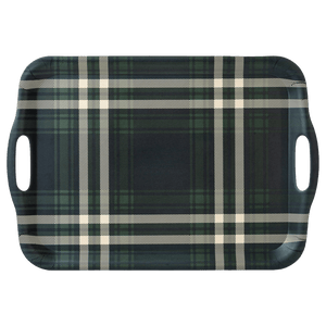 Navy Green Plaid Large Melamine Tray with Handles