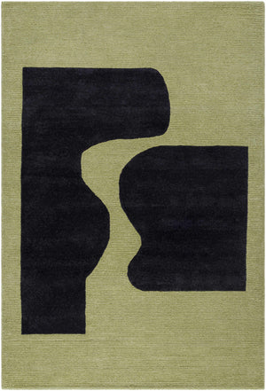 Arvok Olive Green Organic Block Art Deco Wool Handmade Area Rug - Clearance