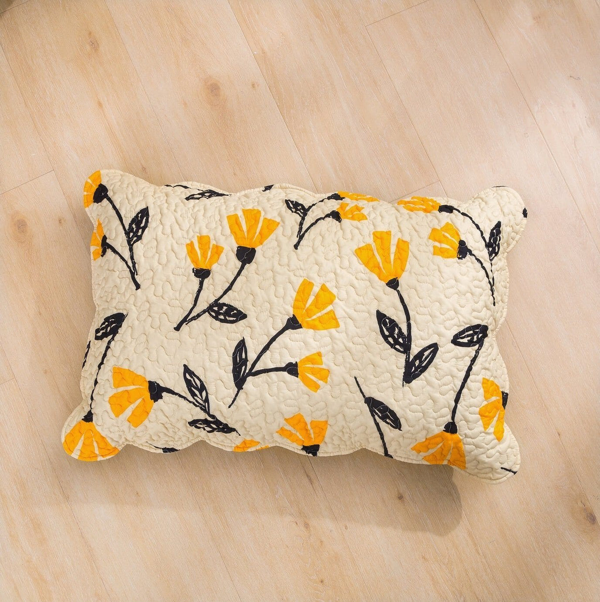 DaDa Bedding Yellow Fleur Floral Golden Orange Ivory Cream Scalloped Bedspread Set (18112)