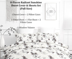 DaDa Bedding Sunshine Yellow Hummingbirds Floral Duvet Cover & Fitted Flat Bed Sheets Set w/ Pillow Cases Window Valances (925)