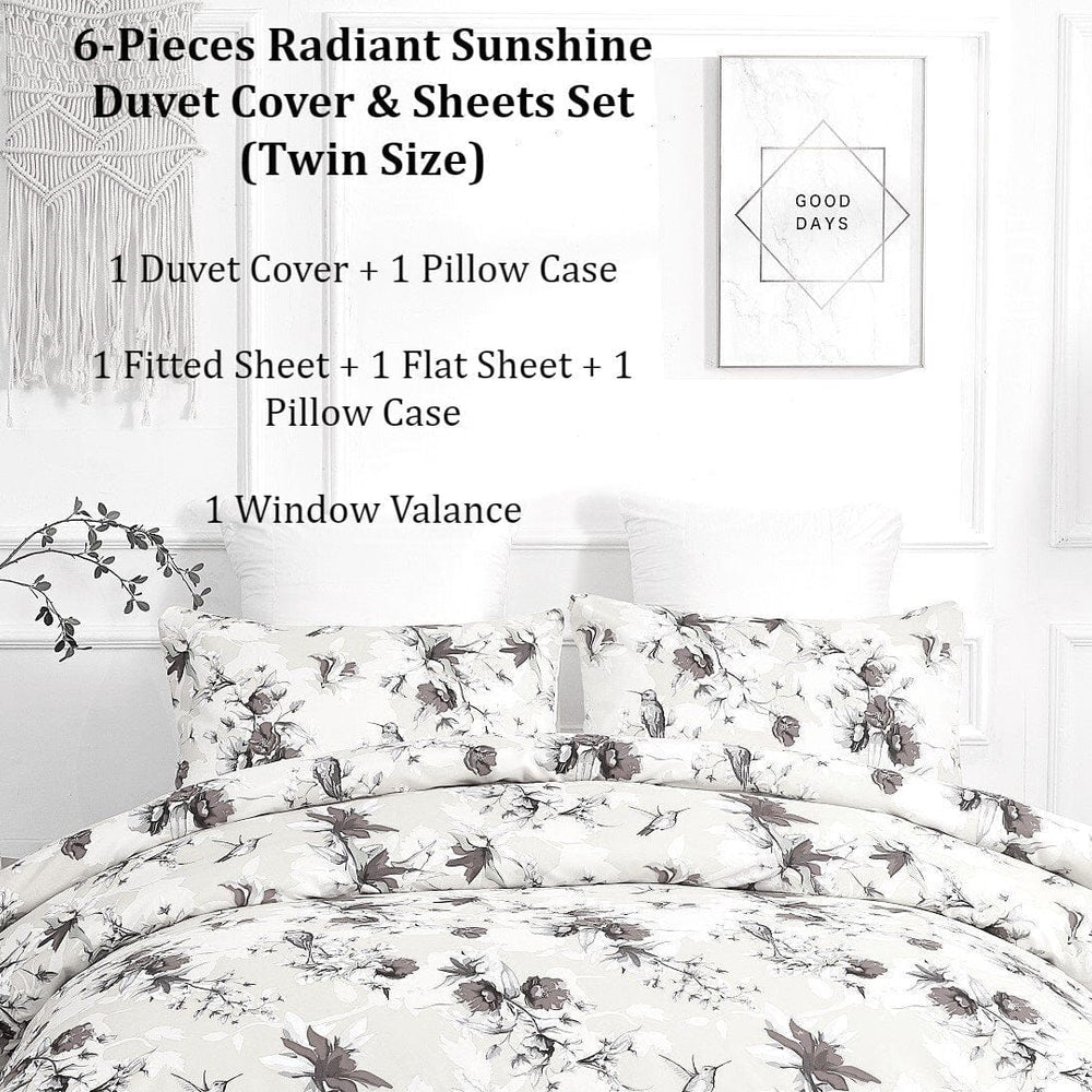 DaDa Bedding Sunshine Yellow Hummingbirds Floral Duvet Cover & Fitted Flat Bed Sheets Set w/ Pillow Cases Window Valances (925)