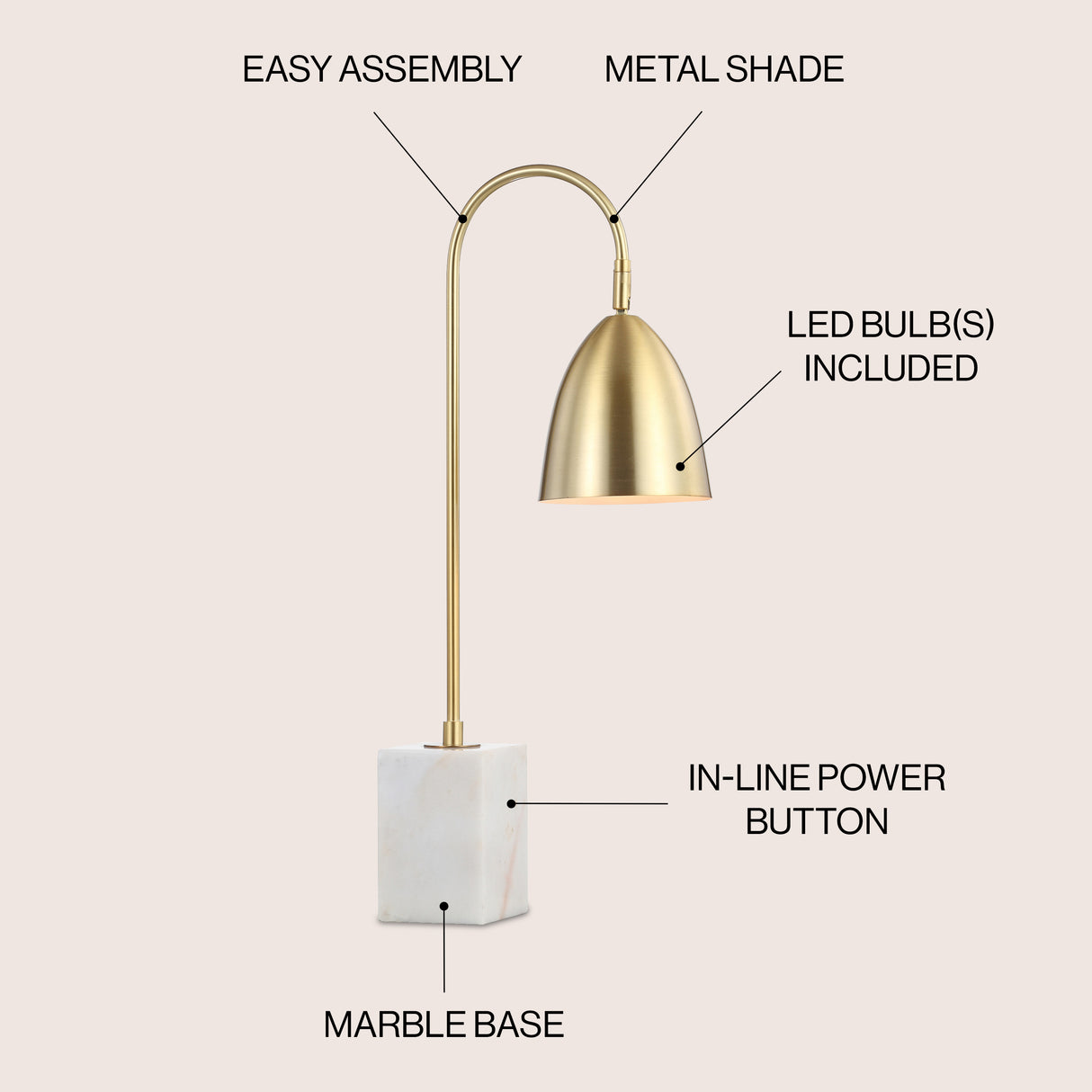 Ana Gold Arched Metal with Marble Base LED Table Lamp