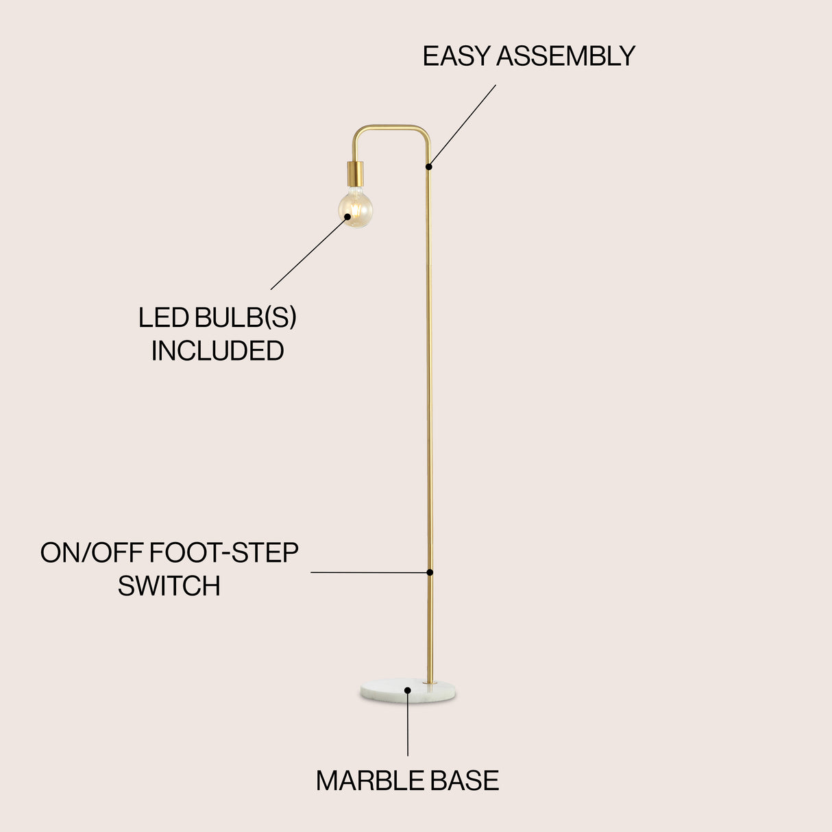 Vega Minimalist Edison Metal/Marble Floor Lamp
