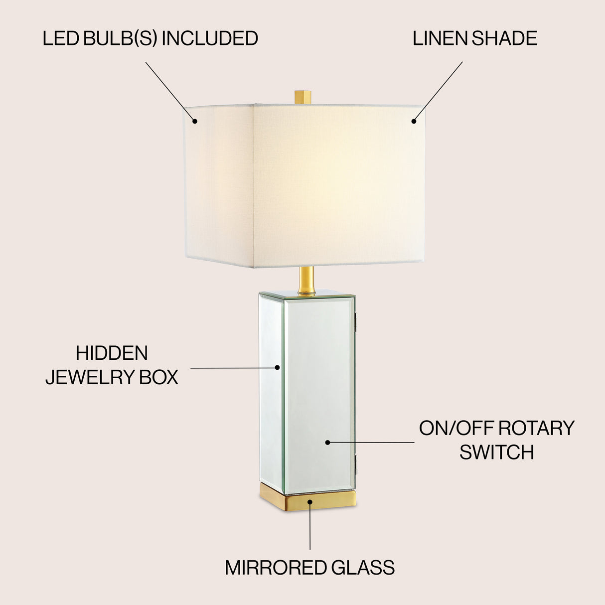 Lila Mirror/Iron Hidden Jewelry Box Mirrored Column LED Table Lamp