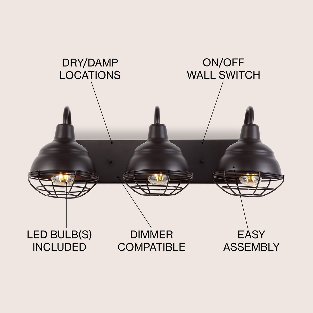 Levi 3-Light Industrial Farmhouse Iron LED Vanity