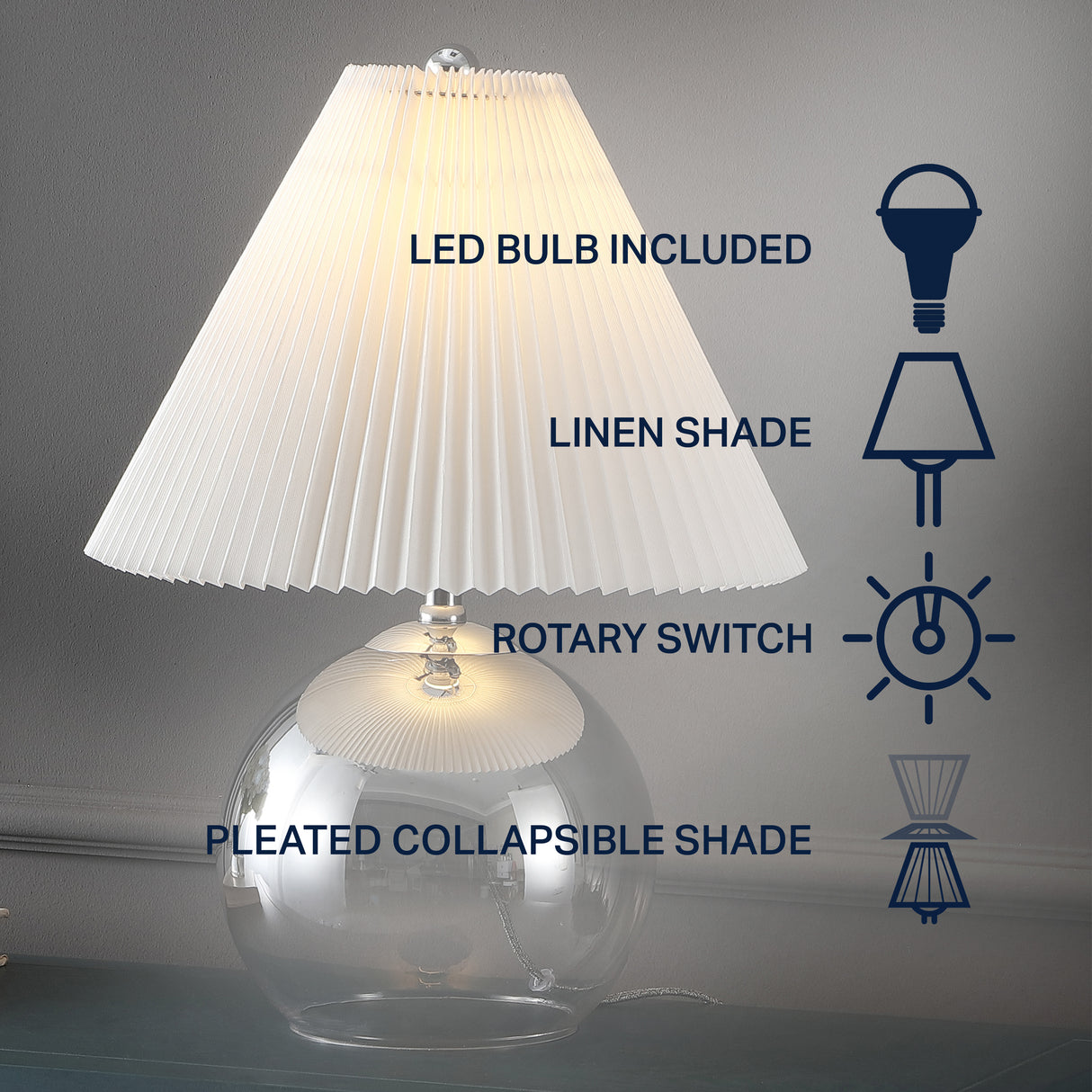 Louisa Mid-Century Modern Round Glass/Iron Pleated Shade LED Table Lamp