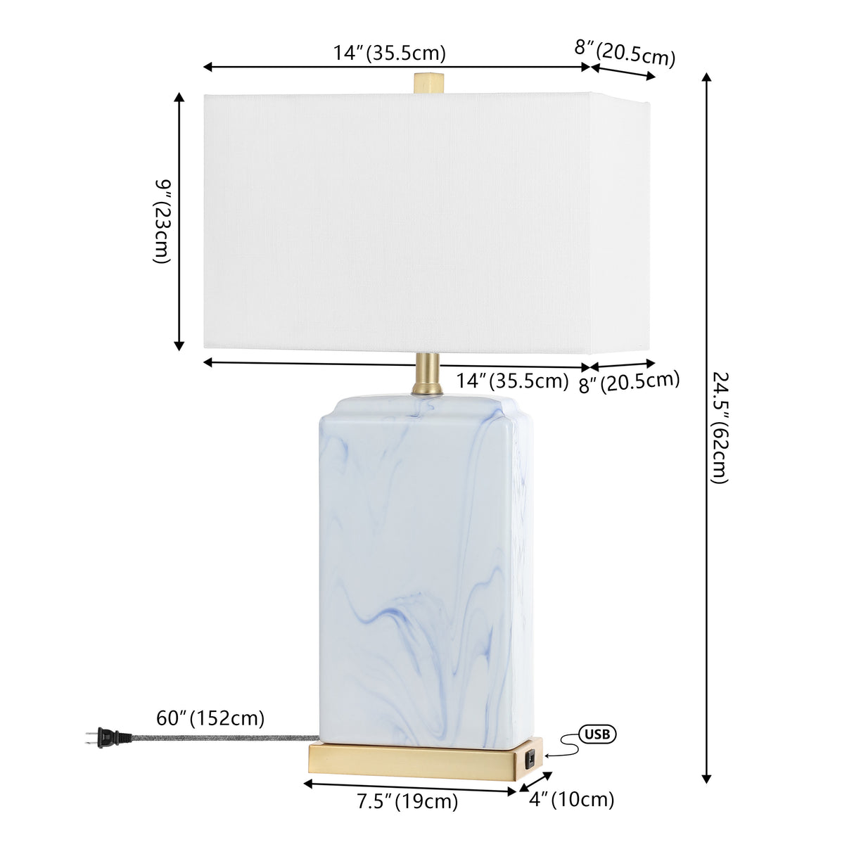 Chloe Modern Coastal Iron/Marbled Ceramic LED Table Lamp with USB Charging Port