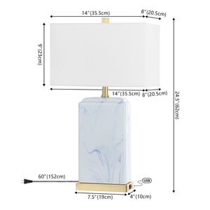Chloe Modern Coastal Iron/Marbled Ceramic LED Table Lamp with USB Charging Port