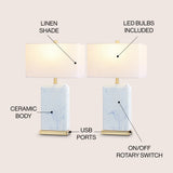 Chloe Modern Coastal Iron/Marbled Ceramic LED Table Lamp with USB Charging Port