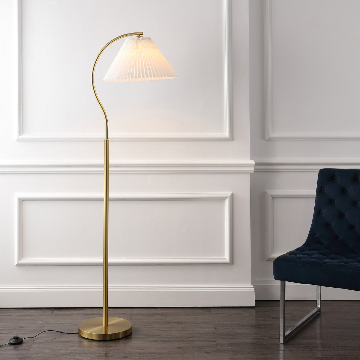 Devon Modern Glam Metal Arc LED Floor Lamp with Pleated Shade