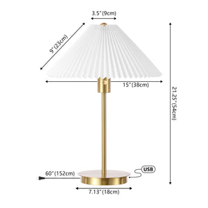 Freida Modern Glam Metal Column LED Table Lamp with USB Charging Port and Pleated Shade
