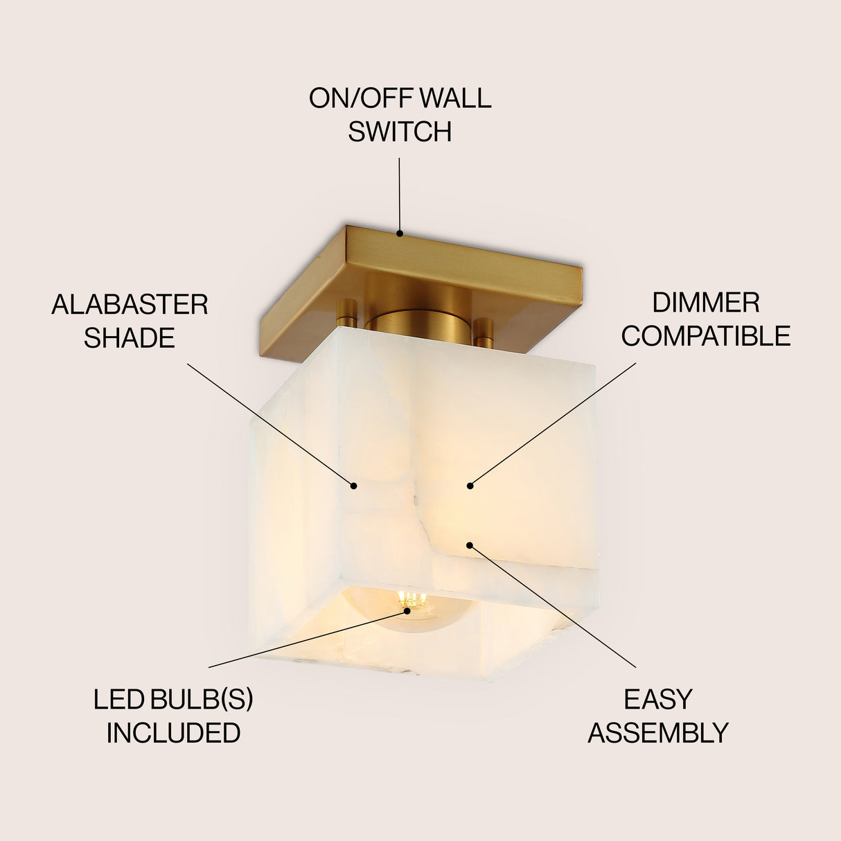 Alessia 1-Light Modern Contemporary Alabaster/Iron Cube LED Semi Flush Mount