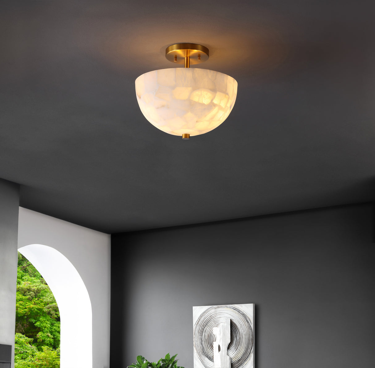 Celine 2-Light Modern Contemporary Alabaster/Iron Inverted Dome LED Semi Flush Mount