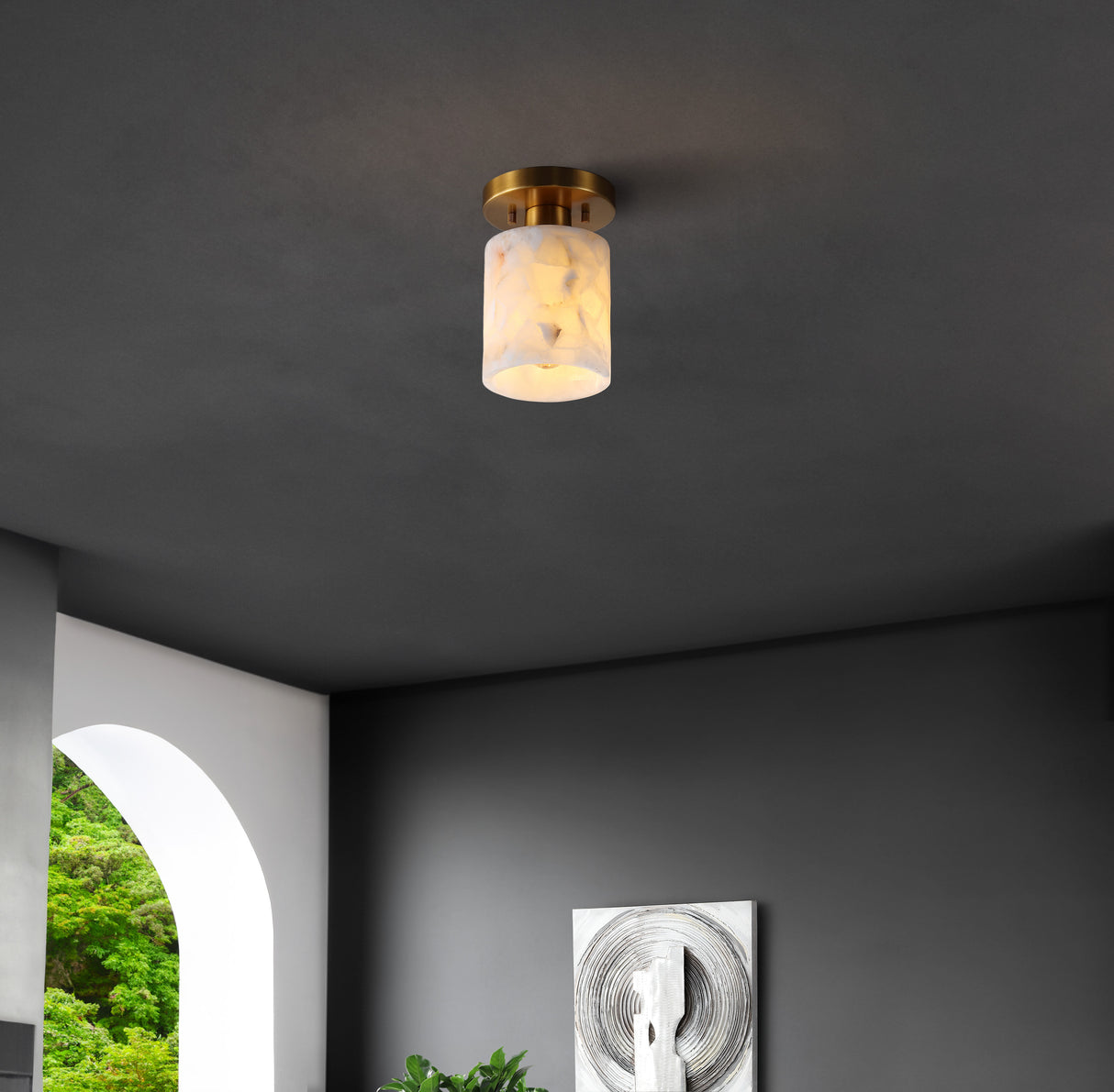 Jules 1-Light Modern Contemporary Alabaster/Iron Cylinder LED Semi Flush Mount
