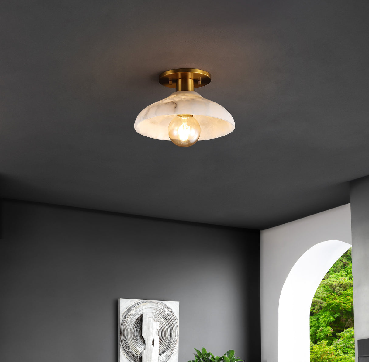 Amara 1-Light Mid-Century Classic Alabaster/Iron LED Semi Flush Mount