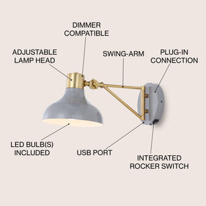 Lynn Swing Arm 1-Light Modern Midcentury Iron USB Charging Port LED Sconce