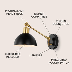 Lisa Swing Arm 1-Light Modern Midcentury Iron USB Charging Port LED Sconce