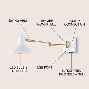 Hygge Swing Arm 1-Light Modern Midcentury Iron USB Charging Port LED Sconce