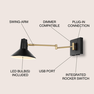 Hygge Swing Arm 1-Light Modern Midcentury Iron USB Charging Port LED Sconce