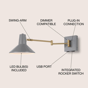 Hygge Swing Arm 1-Light Modern Midcentury Iron USB Charging Port LED Sconce