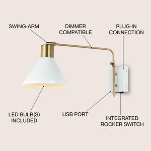 Max Swing Arm 1-Light Modern Midcentury Iron USB Charging Port LED Sconce