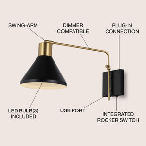 Max Swing Arm 1-Light Modern Midcentury Iron USB Charging Port LED Sconce