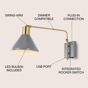 Max Swing Arm 1-Light Modern Midcentury Iron USB Charging Port LED Sconce