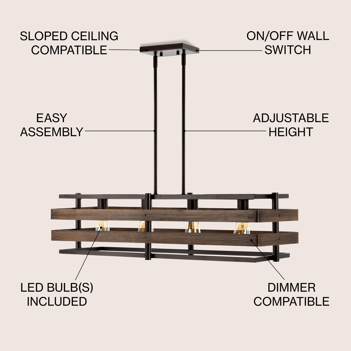 Horizon 4-Light Rustic Farmhouse Iron Linear LED Pendant