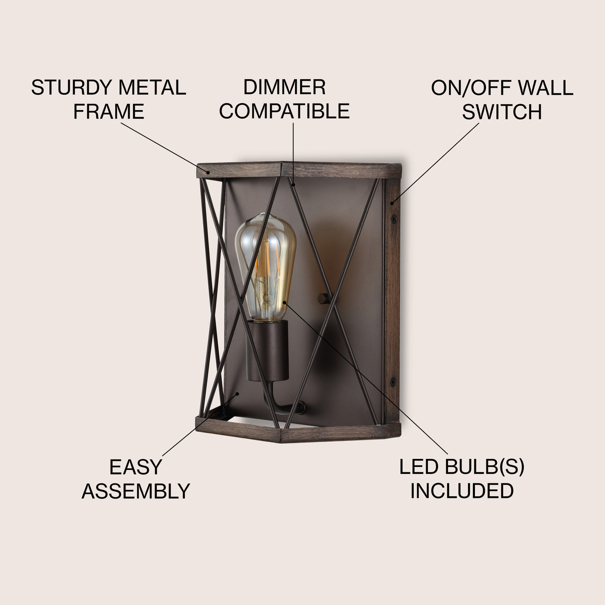 Liam 1-Light Rustic Farmhouse Iron LED Sconce