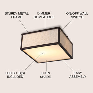 Grant 2-Light Minimalist Industrial Square Linen Iron LED Flush Mount