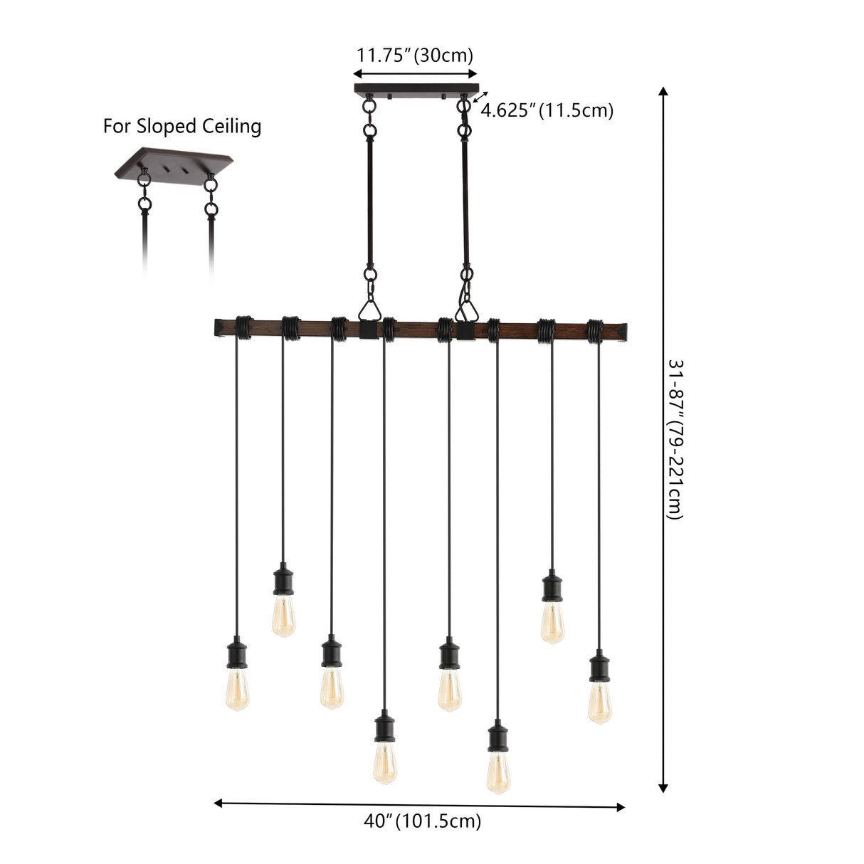 Rhys 8-Light Vintage Industrial Driftwood Iron LED Linear Chandelier with Height Adjustable Bulbs