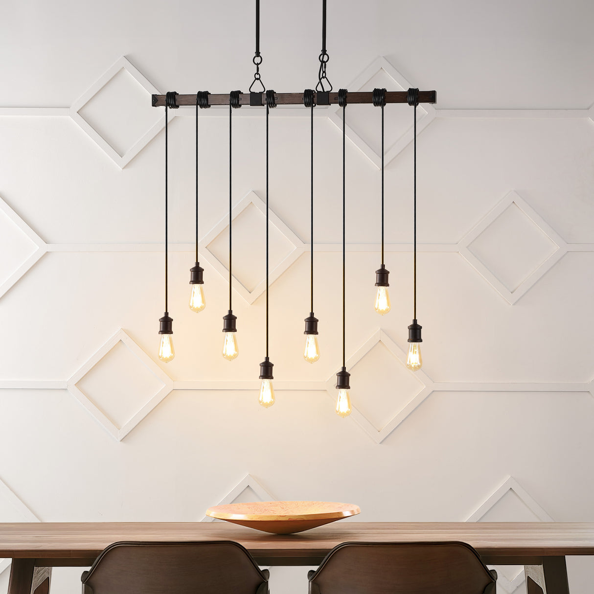 Rhys 8-Light Vintage Industrial Driftwood Iron LED Linear Chandelier with Height Adjustable Bulbs