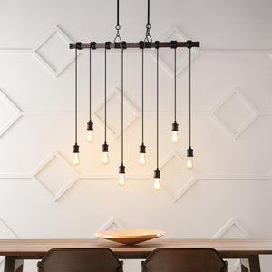 Rhys 8-Light Vintage Industrial Driftwood Iron LED Linear Chandelier with Height Adjustable Bulbs