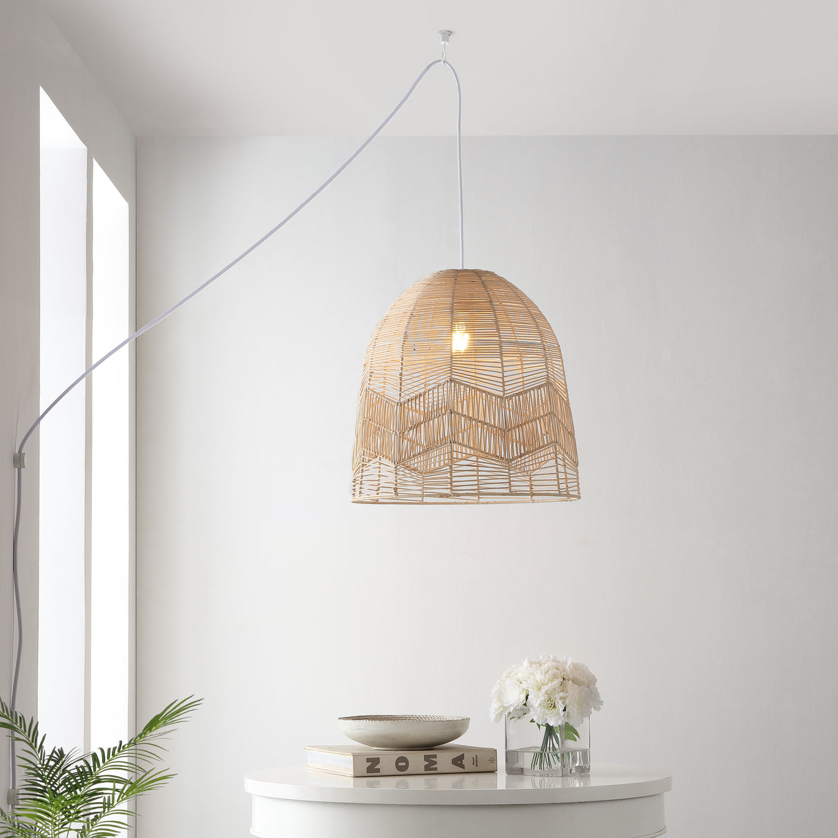 Sofia 1-Light Farmhouse Coastal Rattan 180" Cord Plug-In or Hardwired LED Pendant