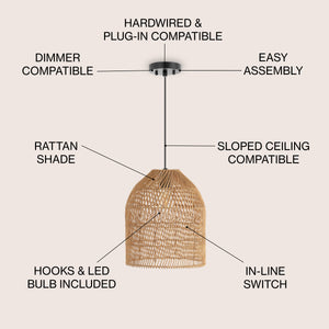 Koda 1-Light Farmhouse Coastal Bohemian Rattan 180" Cord Plug-In or Hardwired LED Pendant