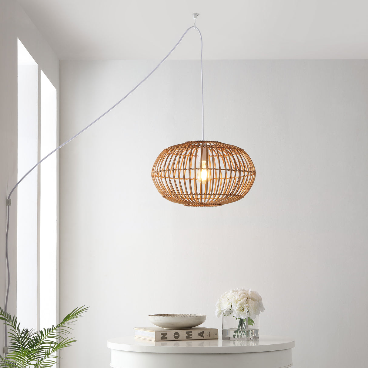 Leo 1-Light Farmhouse Coastal Rattan 180" Cord Plug-In or Hardwired LED Pendant