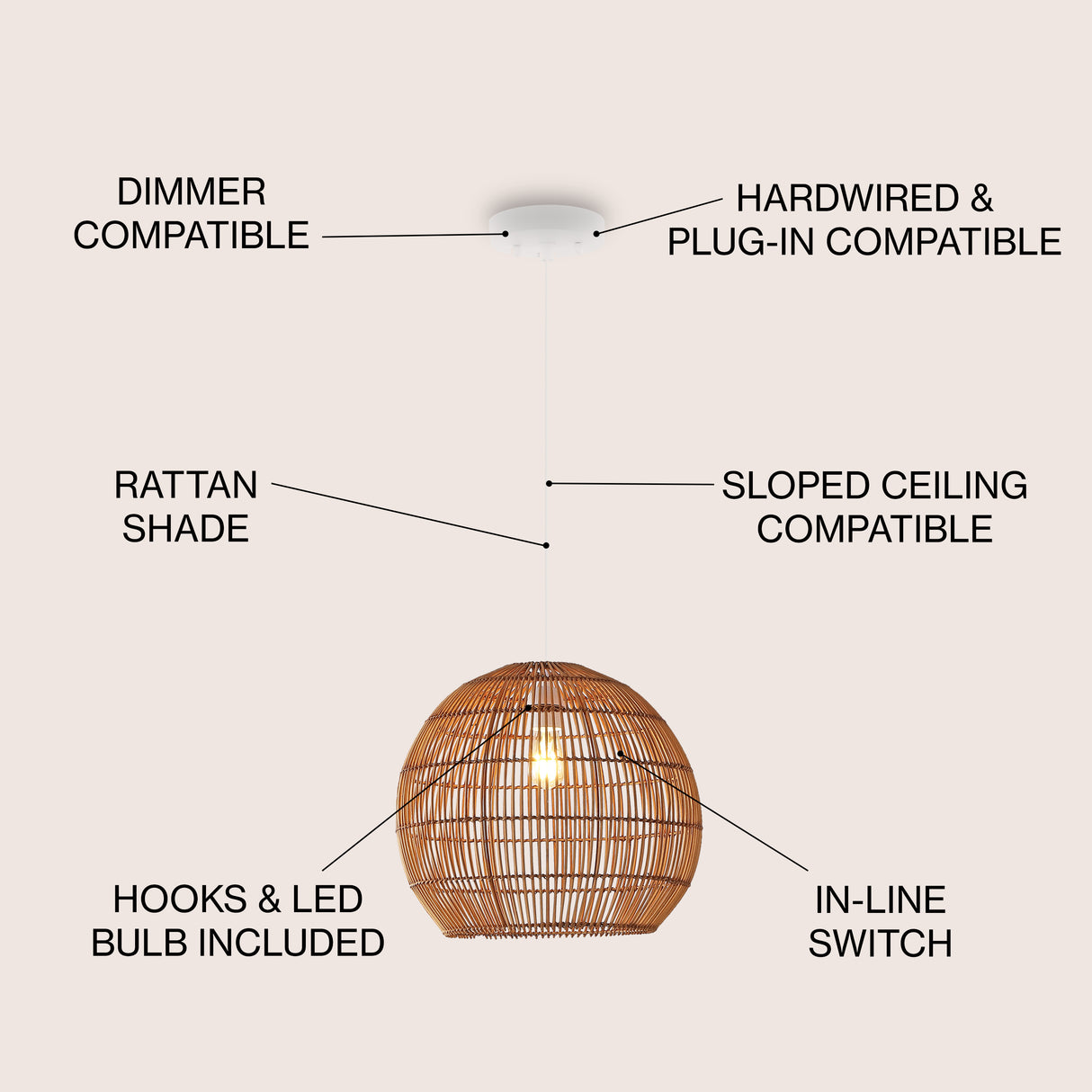 Raya 1-Light Farmhouse Coastal Rattan 180" Cord Plug-In or Hardwired LED Pendant