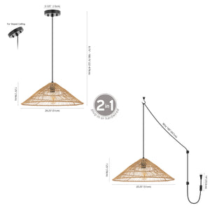 Nova 1-Light Farmhouse Coastal Rattan 180" Cord Plug-In or Hardwired LED Pendant