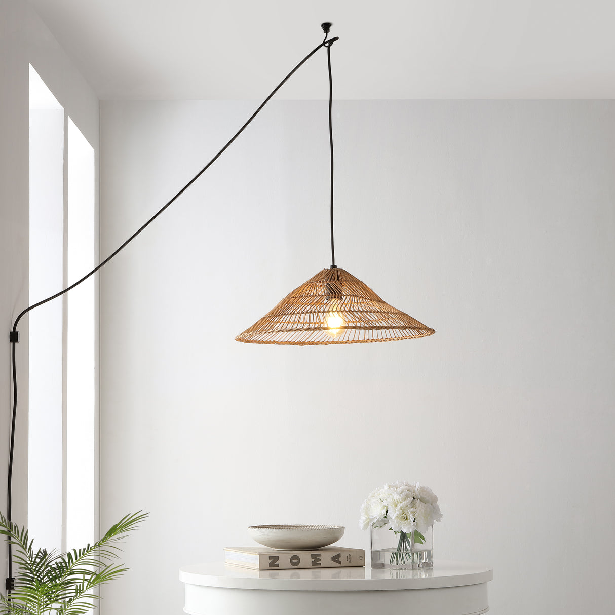 Nova 1-Light Farmhouse Coastal Rattan 180" Cord Plug-In or Hardwired LED Pendant