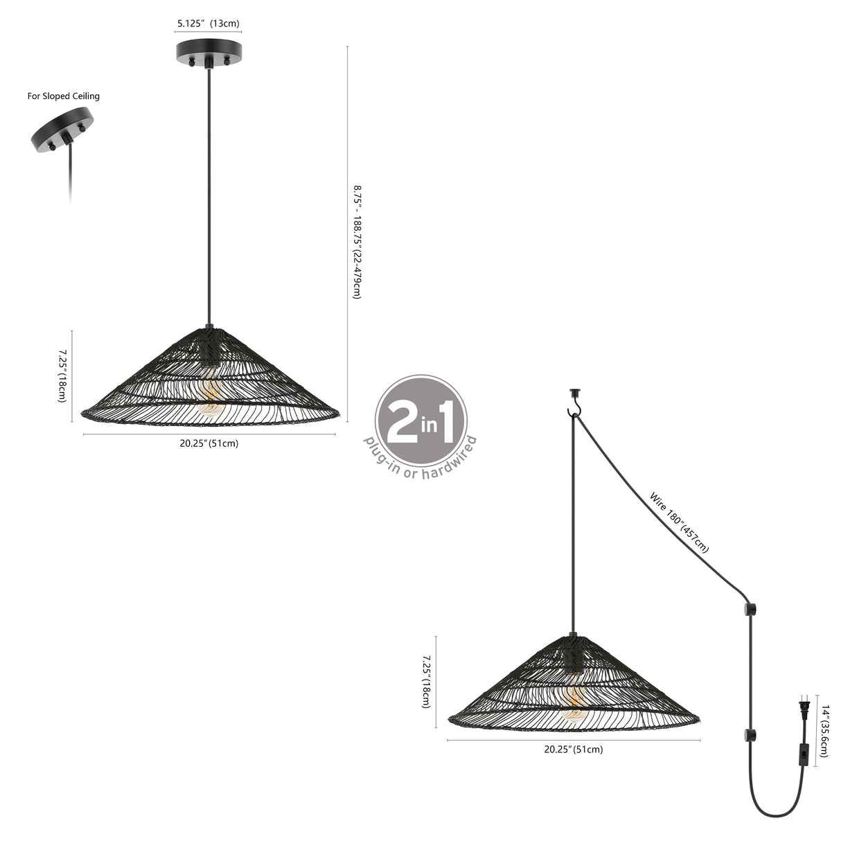 Nova 1-Light Farmhouse Coastal Rattan 180" Cord Plug-In or Hardwired LED Pendant