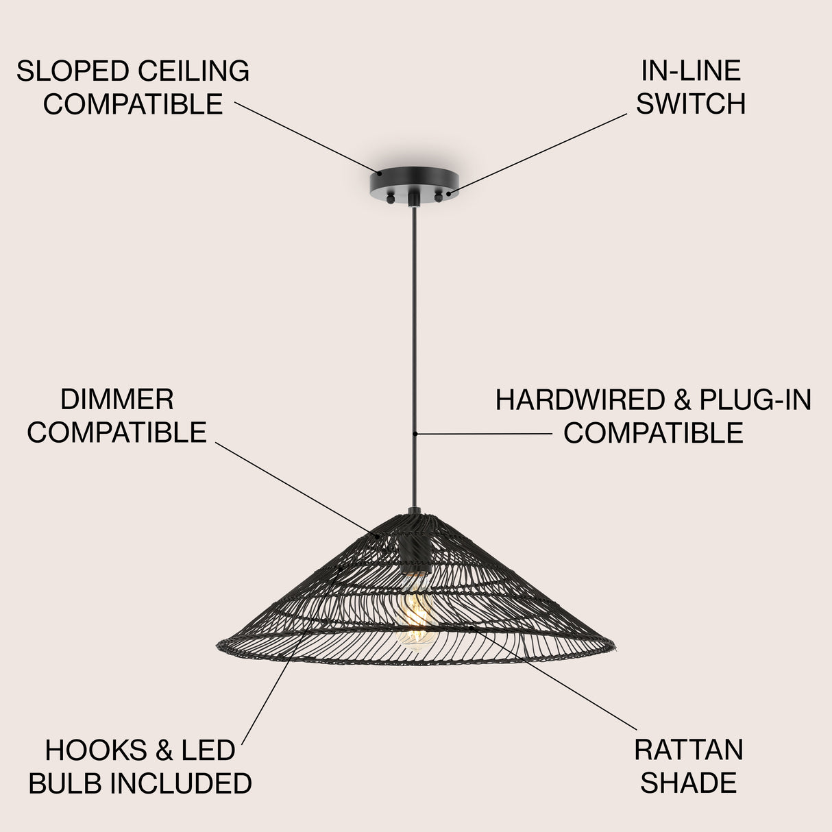 Nova 1-Light Farmhouse Coastal Rattan 180" Cord Plug-In or Hardwired LED Pendant