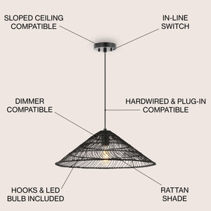 Nova 1-Light Farmhouse Coastal Rattan 180" Cord Plug-In or Hardwired LED Pendant
